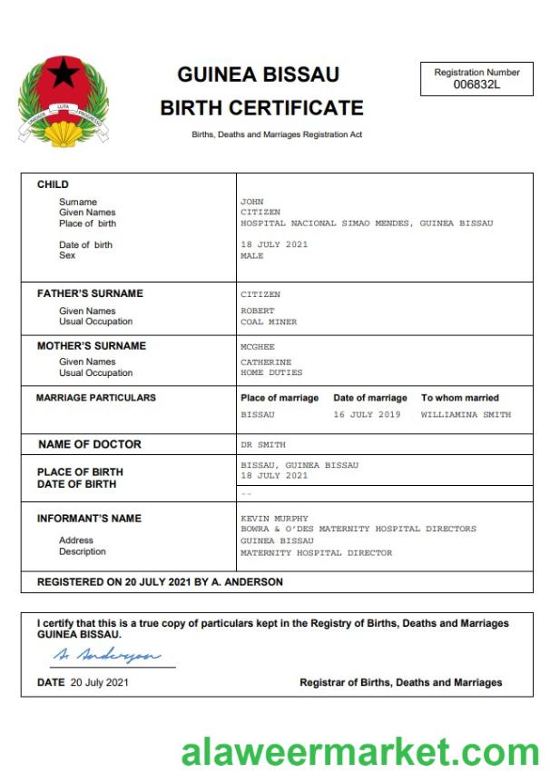 Guinea Bissau birth certificate